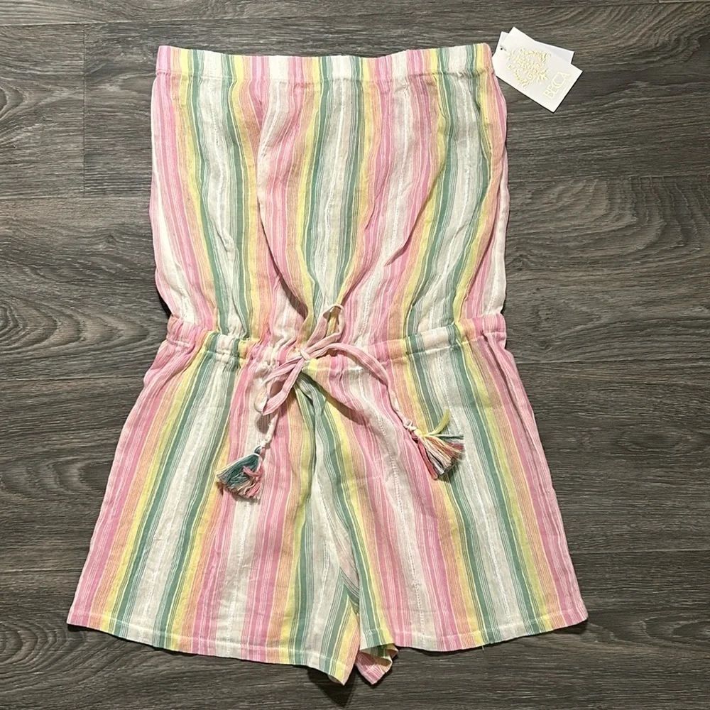 NWT BECCA Size Medium Marbella Stripes Strapless Sheer Short Romper Pink Yellow - Picture 2 of 12